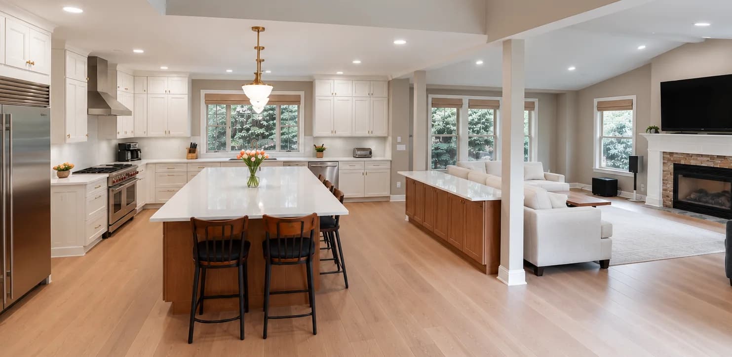 Finished Kirkland kitchen open to the living room