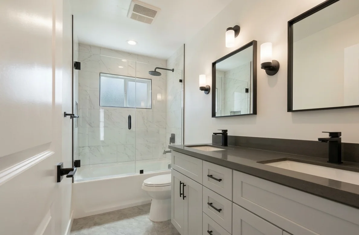 Rental DADU bathroom Bothell — tub shower combo frameless glass double vanity quartz matte black fixtures