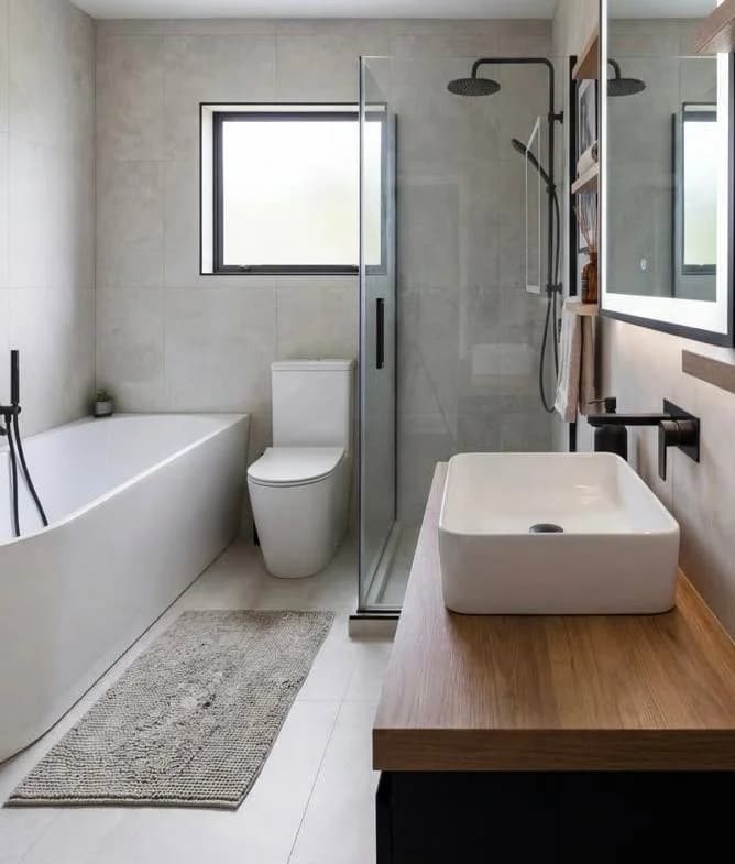 Full bathroom view with freestanding tub, walk-in shower, toilet, and floating vanity — Kirkland WA bathroom remodel