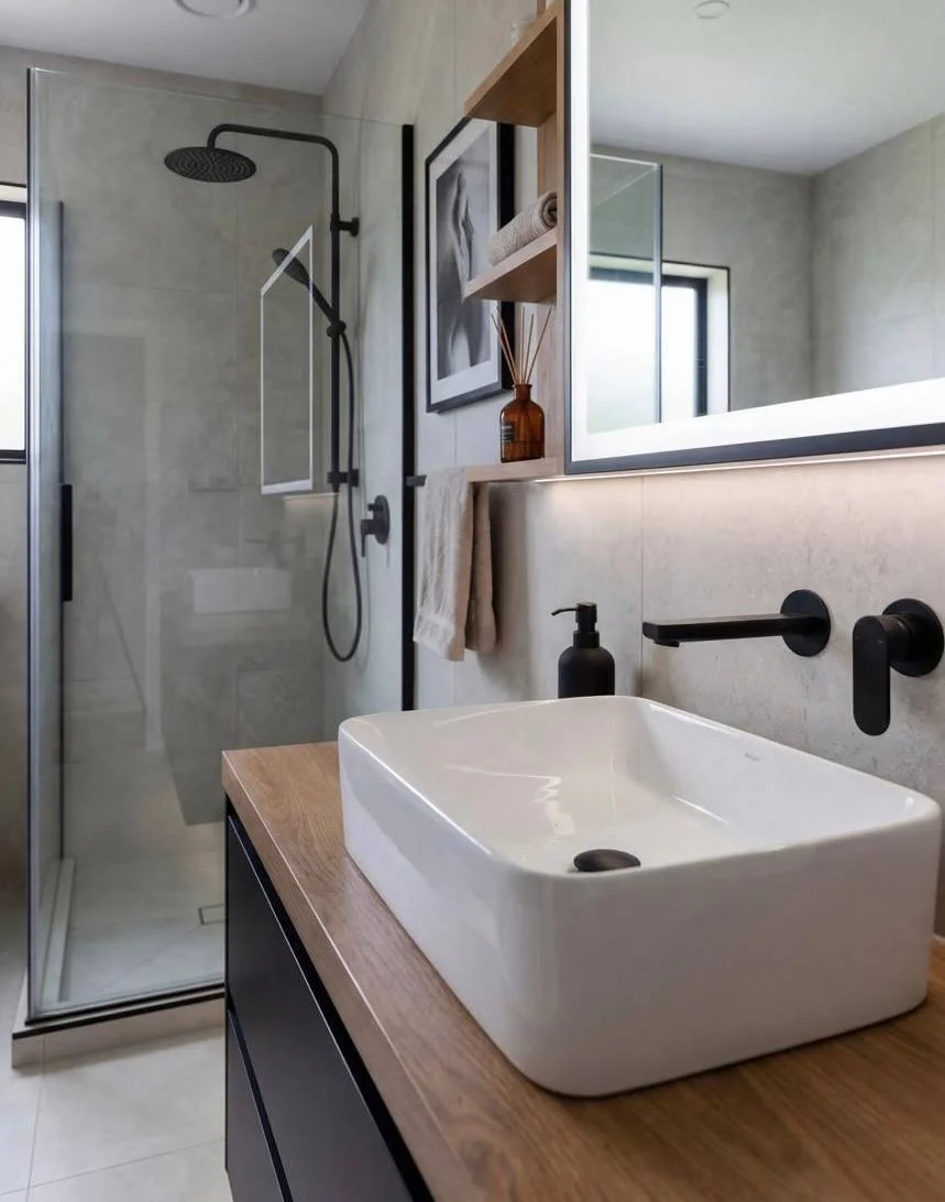Bathroom from entry angle showing tub, shower enclosure, and oak vanity — Kirkland WA renovation