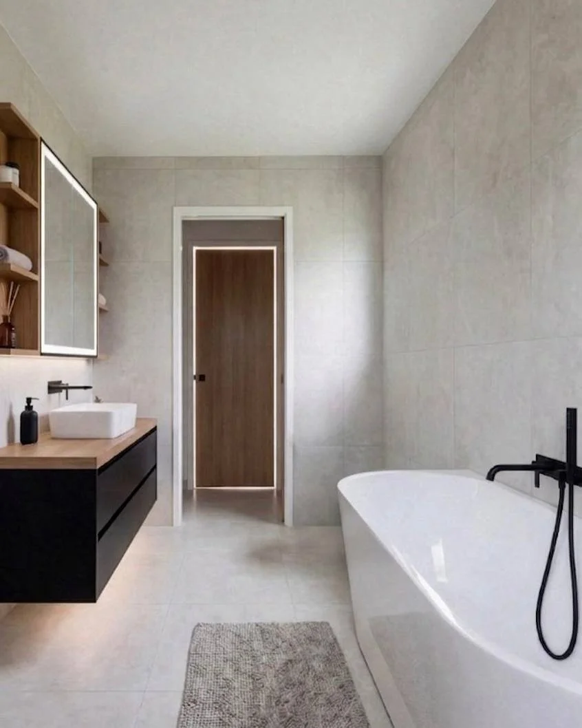 Floating vanity with oak countertop, vessel sink, matte black fixtures, and frameless shower — Kirkland WA