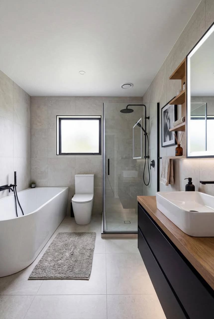 Bathroom after renovation — freestanding tub, frameless shower, floating vanity, Kirkland WA
