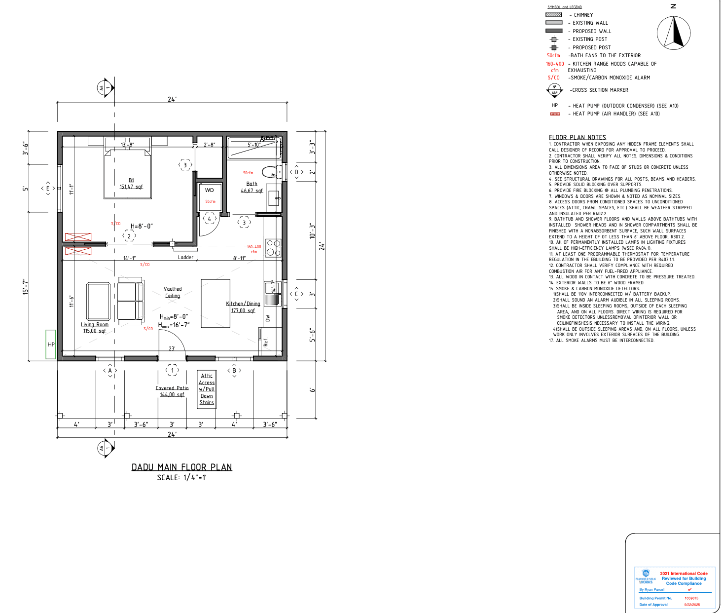 576 sq ft DADU main floor plan Puyallup WA — kitchen dining bedroom bathroom vaulted ceiling covered patio