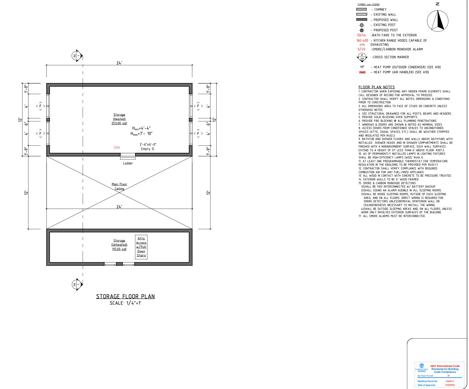 DADU storage loft plan Puyallup — heated 253 sqft and unheated 115 sqft with pull-down stairs