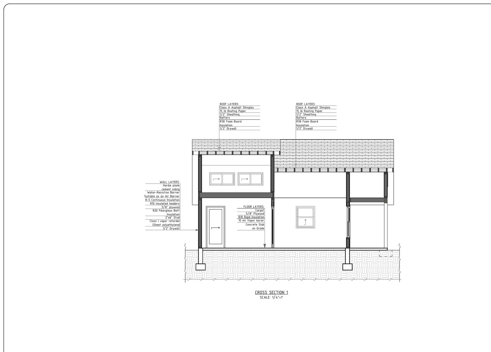 Cross section two-story DADU Puyallup — wall layers R-38 roof insulation slab-on-grade