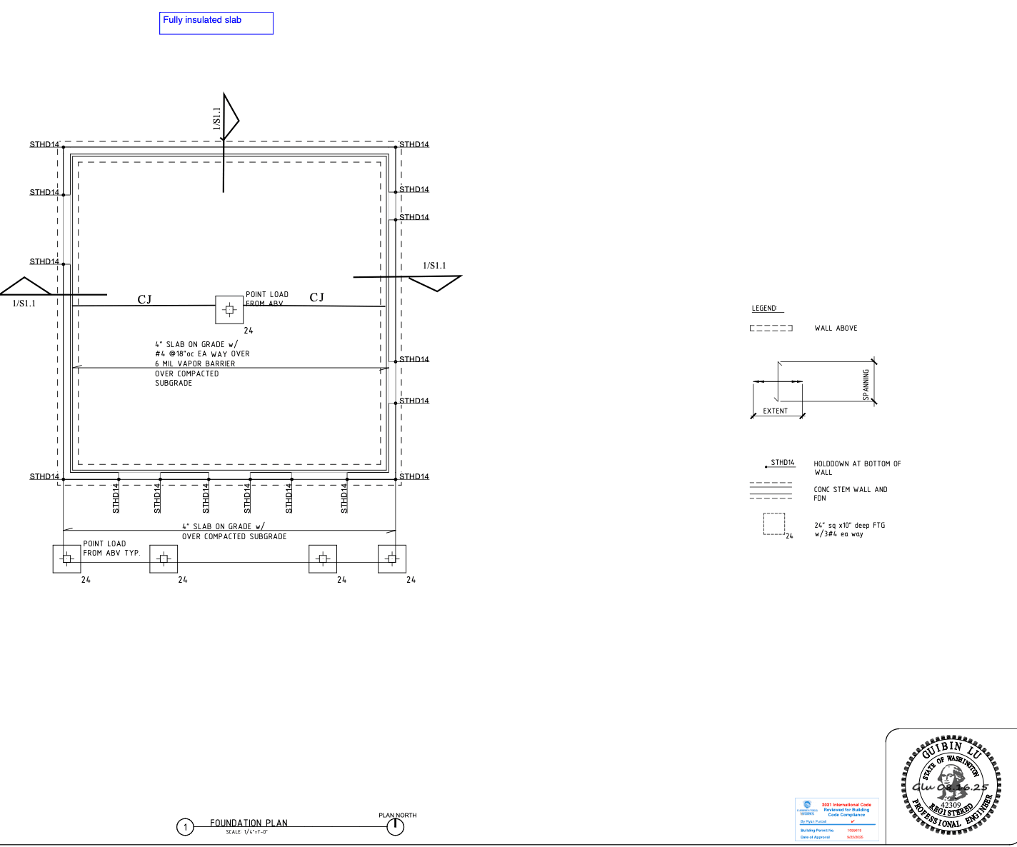 Foundation plan 576 sq ft DADU Puyallup — 4 inch slab STHD14 holdowns 24 inch deep footings
