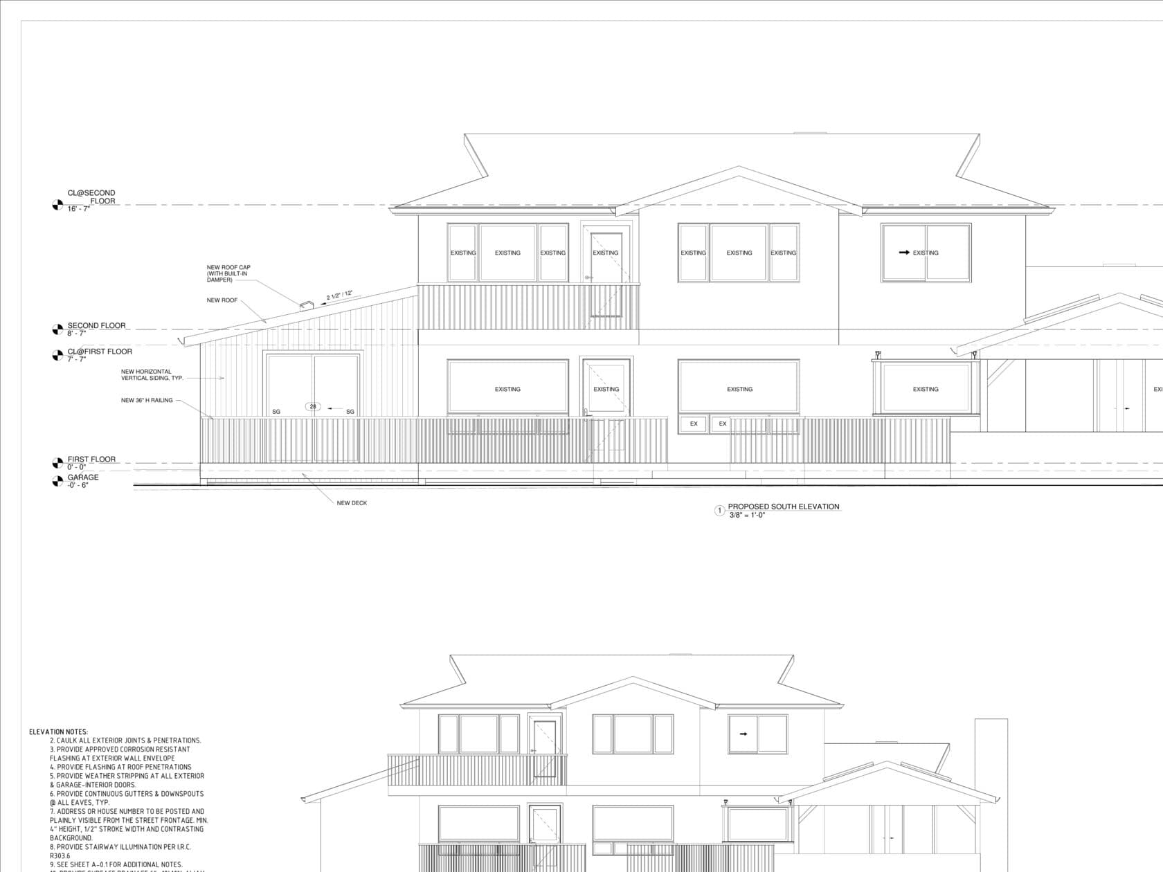 South elevation home addition Renton WA — existing two-story with new master suite and deck