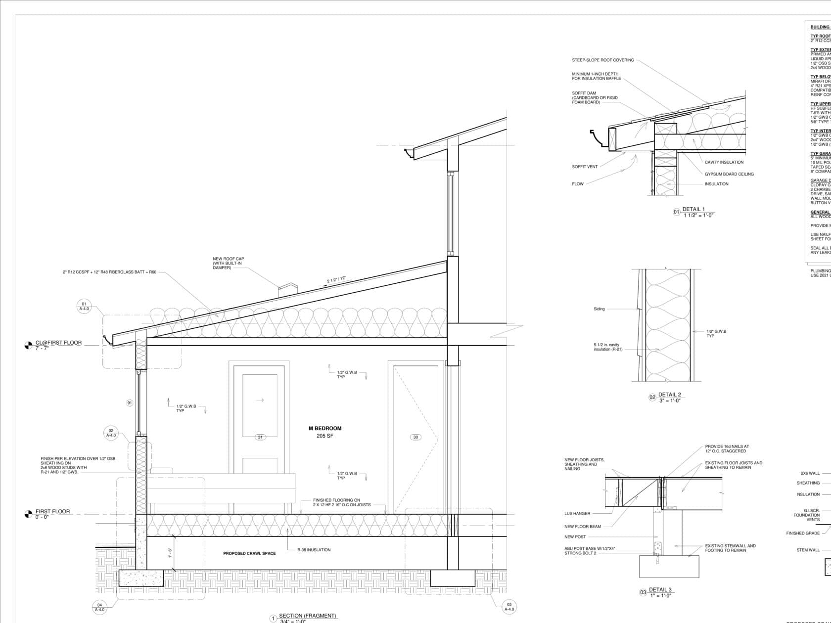 Building section master suite addition Renton — R-60 roof R-38 crawl space spray foam insulation