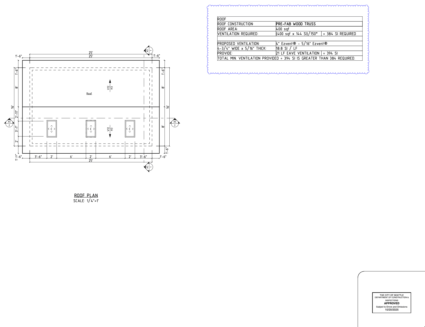Roof plan with pre-fab wood truss and Ezvent eave ventilation for detached ADU Seattle Meadowbrook