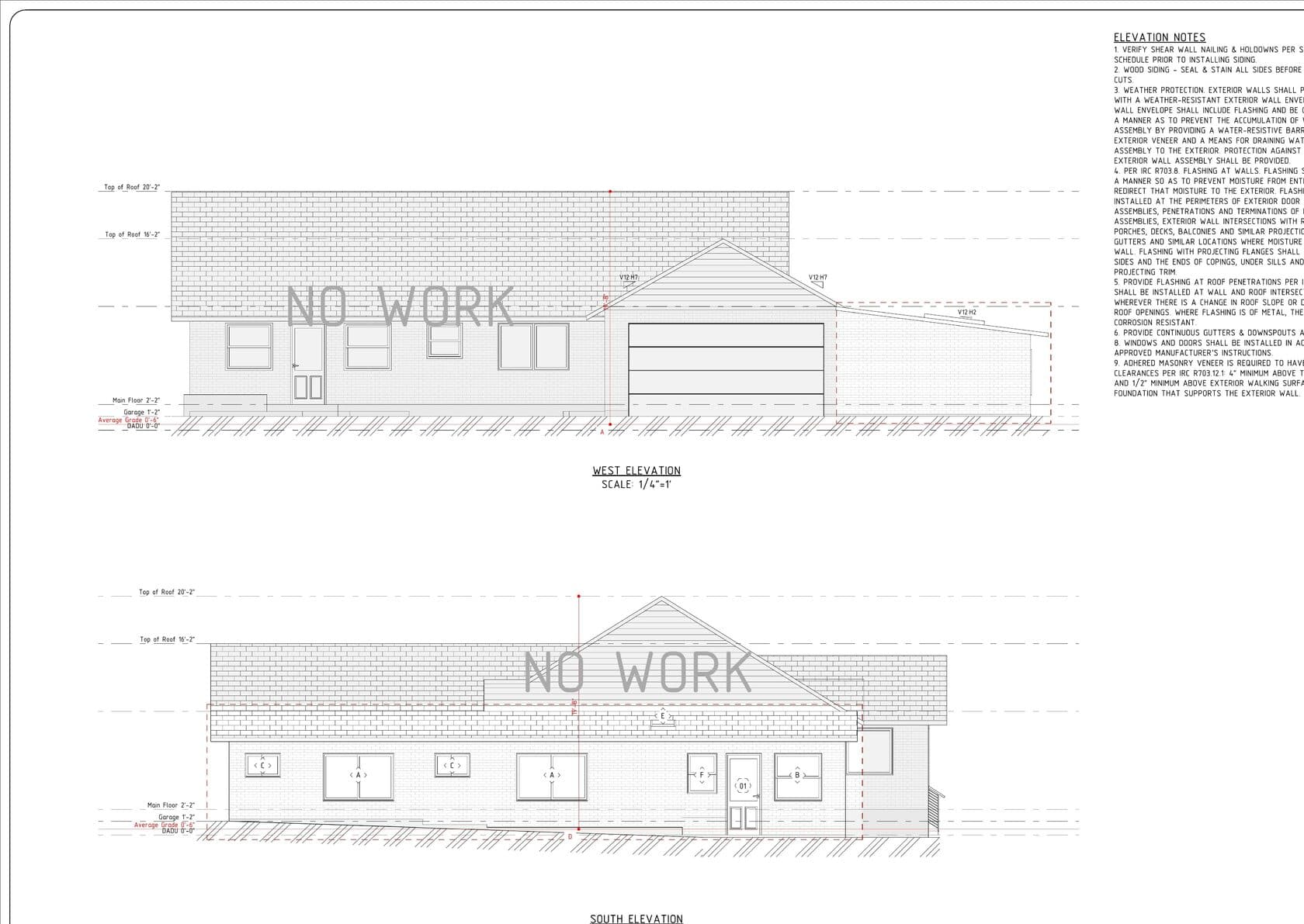 West and south elevations ADU addition View Ridge Seattle — new roof stone veneer windows