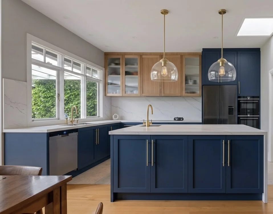 Navy blue and oak kitchen with marble backsplash, brass fixtures, glass pendants — Woodinville WA kitchen remodel