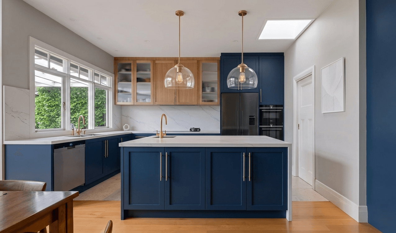 Navy blue and oak kitchen renovation in Woodinville