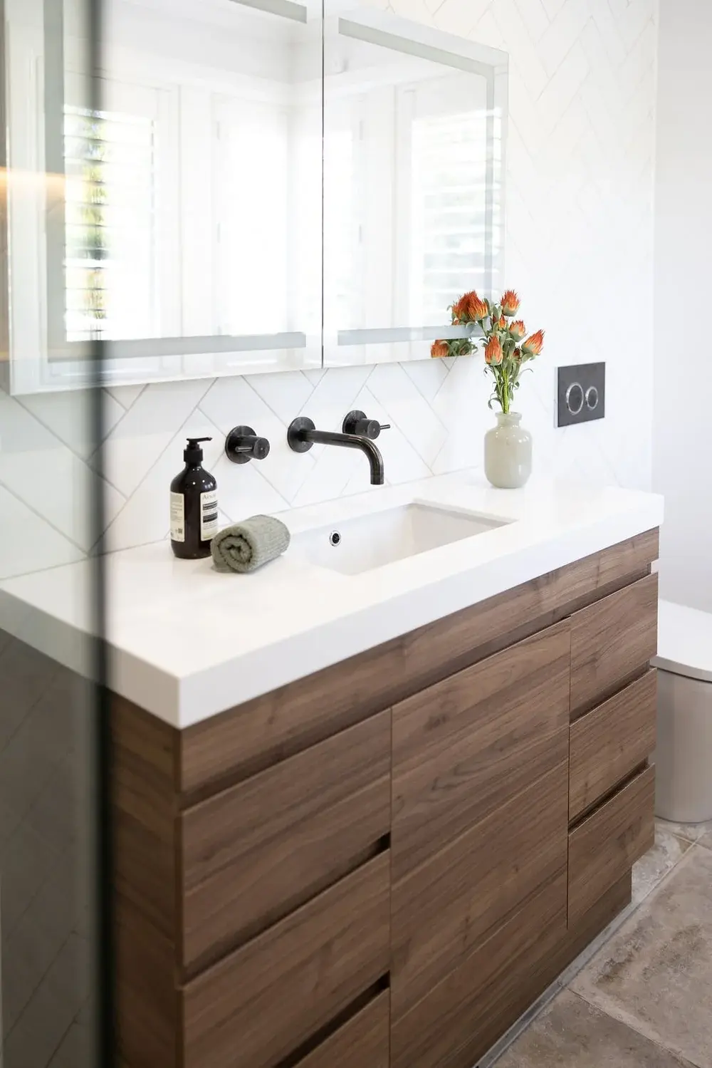 walnut & herringbone bathroom