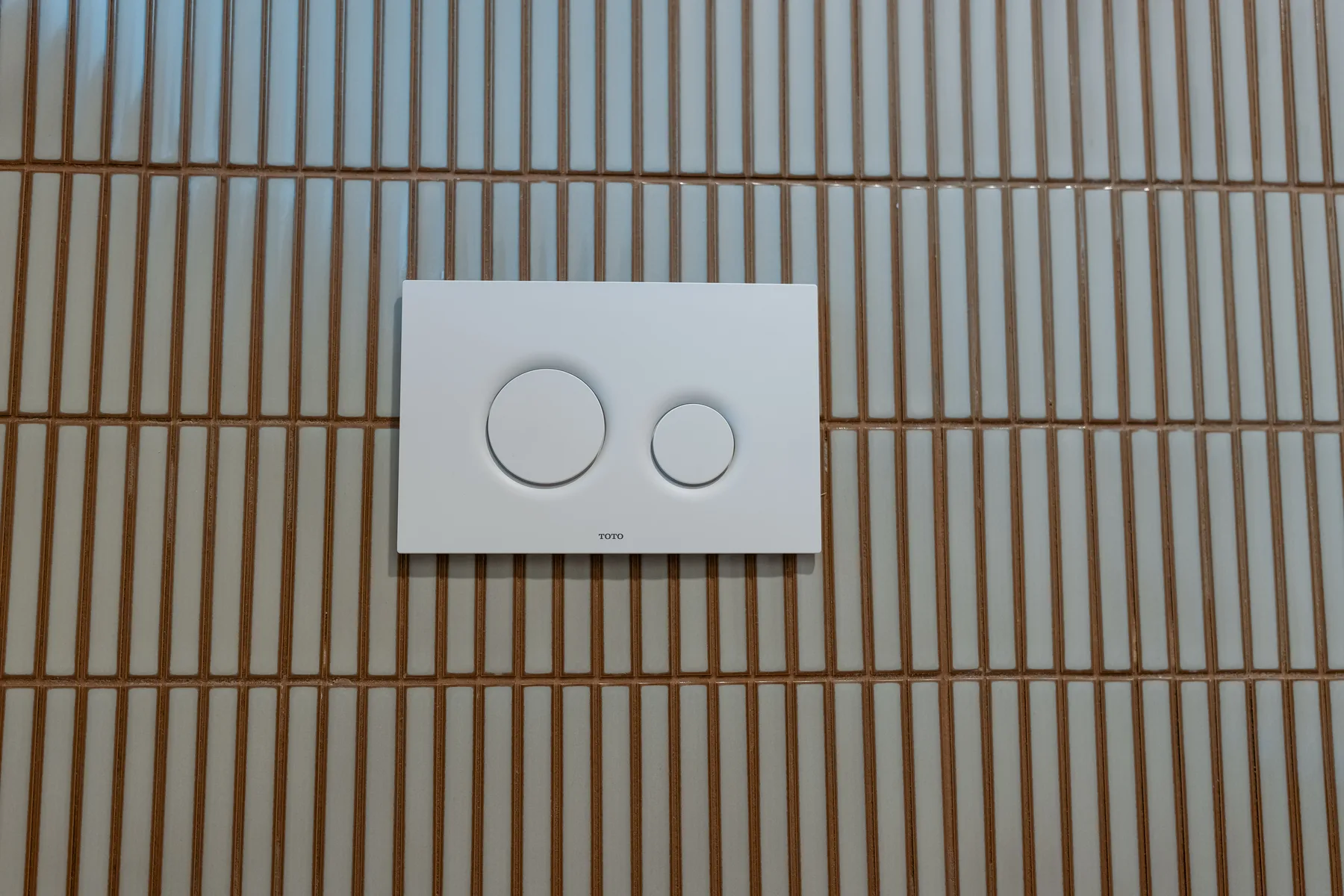 White dual-flush plate set into white kit-kat tile