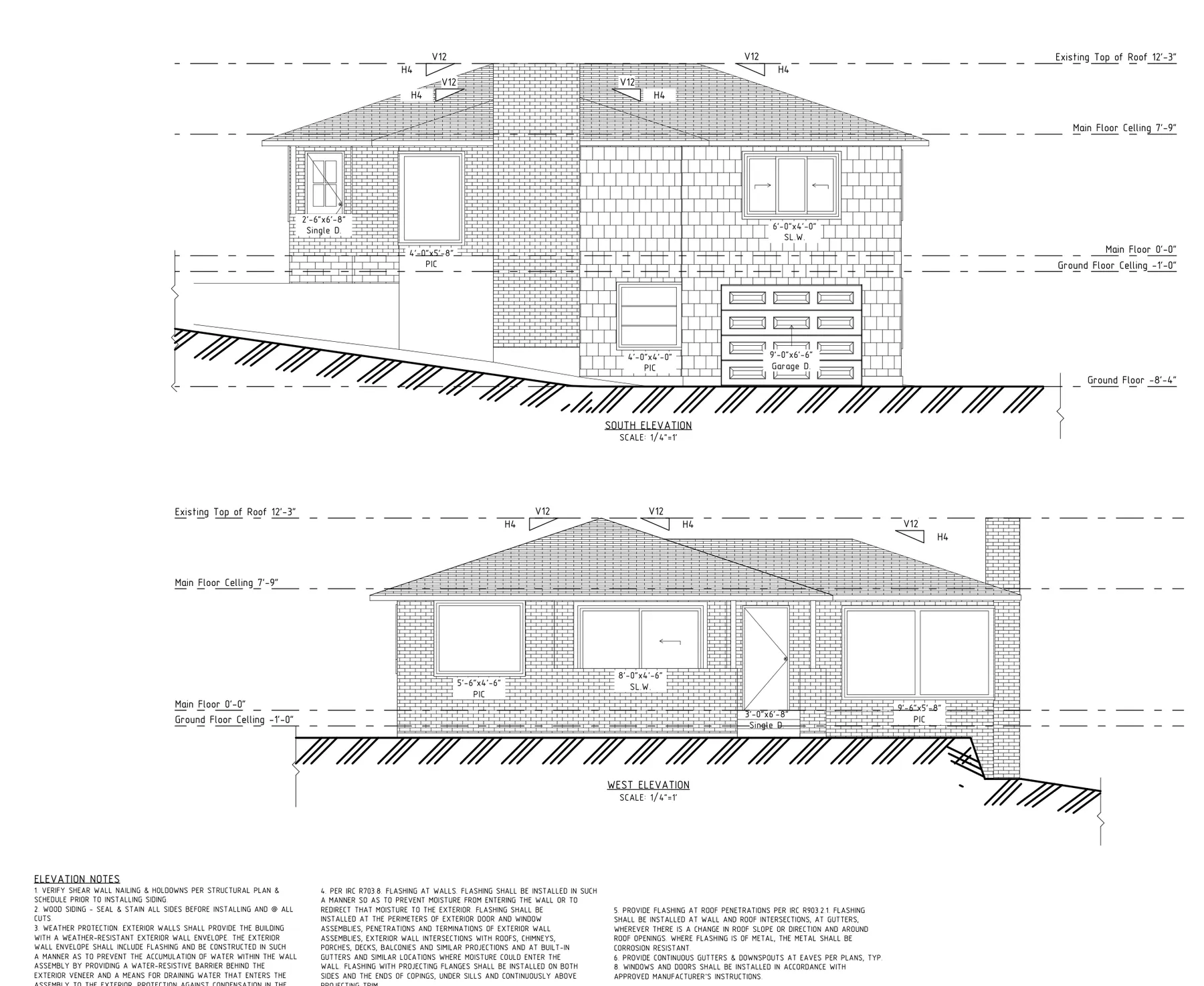 Approved plan sheet — proposed south and west elevations of the restored Seattle home