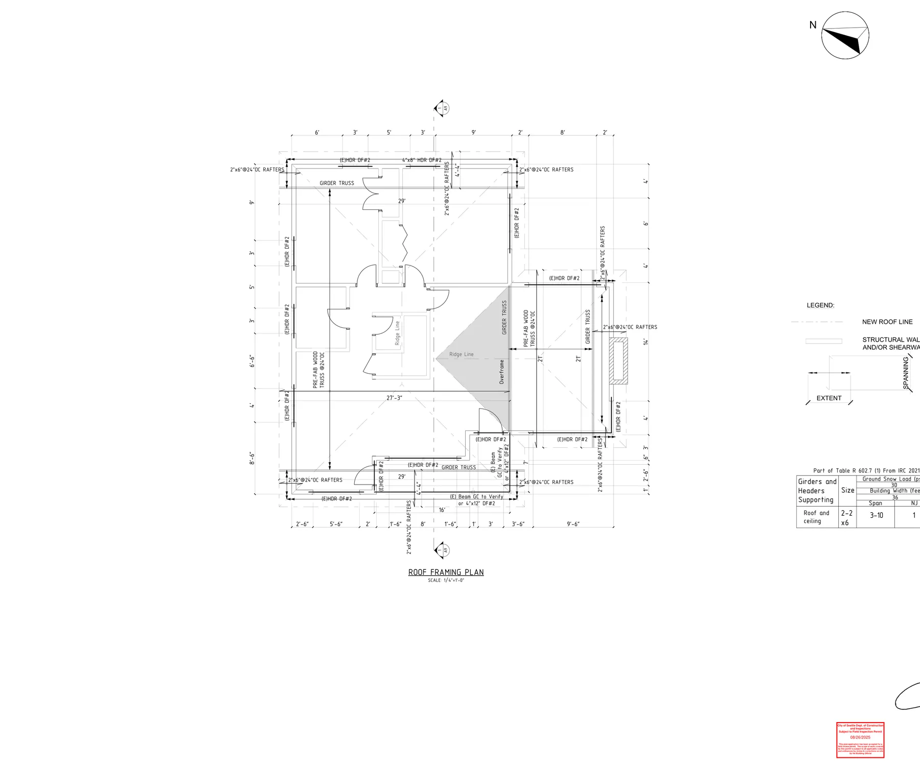 Approved plan sheet — roof framing plan with structural notes and engineer's stamp