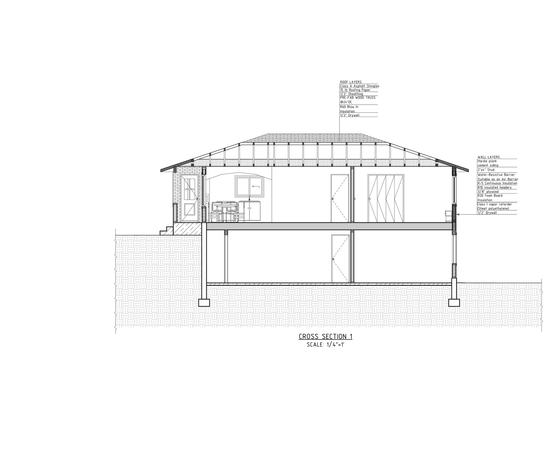 Approved plan sheet — building cross-section showing the engineered truss roof